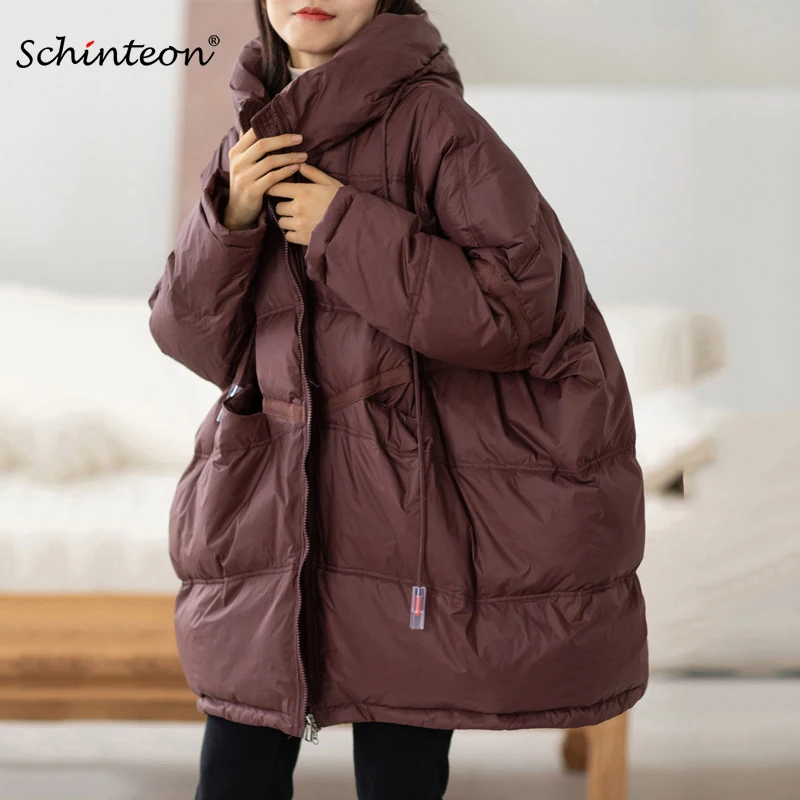 Schinteon Women White Duck Down Jacket Casual Loose Over Size 2024 New Autumn Winter Warm Outwear with Hood Korean Style Coat