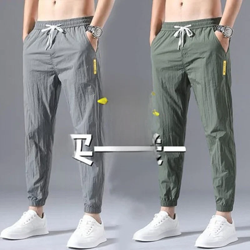 

Летние тонкие мужские повседневные брюки без металлических элементов для досмотра, модные мужские брюки из ледяного шелка, быстросохнущие, длинные