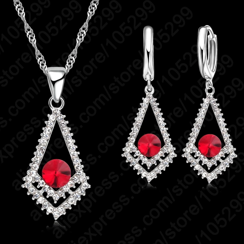 

Top Sale CZ Crystal Rhombus Red Stones Pendant 925 Silver Needle Necklace Earring For Woman Fine Jewelry Wedding Gift Sets