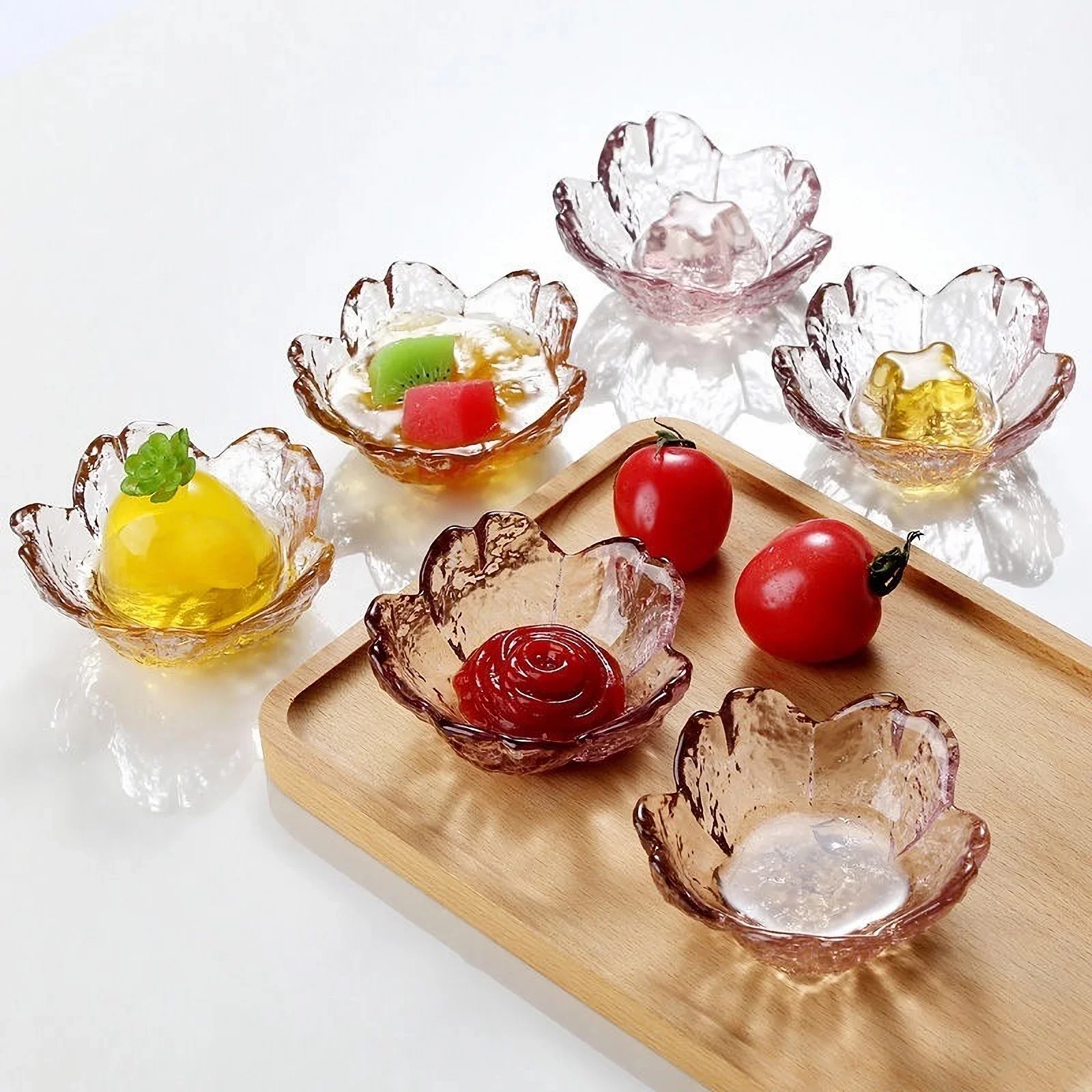 Pink Glass Bowls Set of 3/6 Cherry Blossom Shaped Dip Sauce Plates Japanese Sakura Flower Small Dessert Bowls for Kitchen Dining