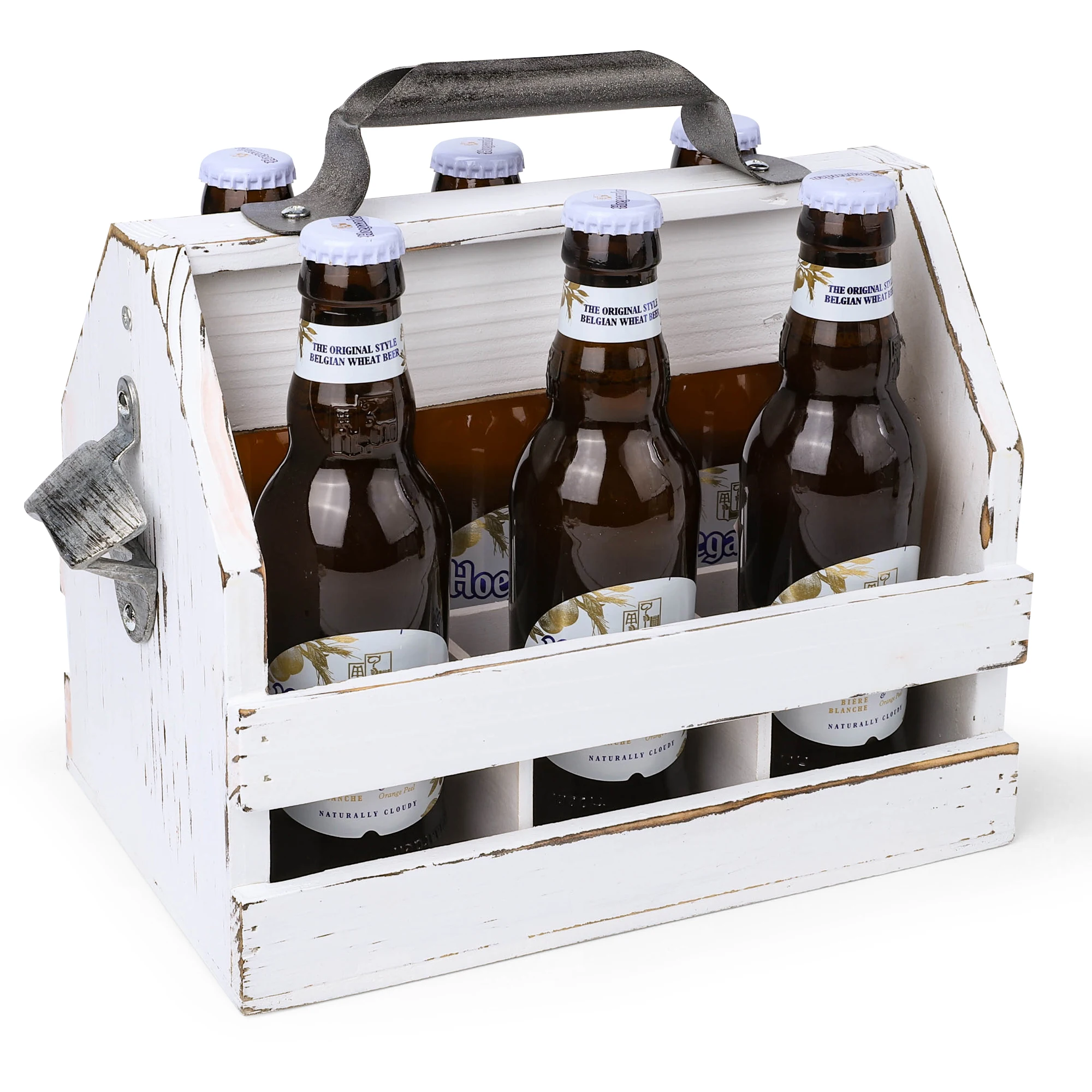 

Vintage White Wooden Beer Bottle Caddy Holder with Metal Bottle Opener