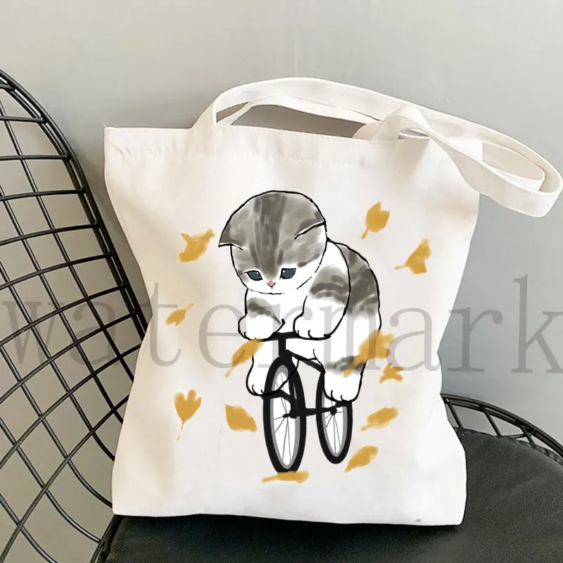 Bolso de compras reutilizable con estampado de gato Kawaii para mujer, bolsa de lona para comestibles, bolsos de hombro para mujer, bolso de mano de