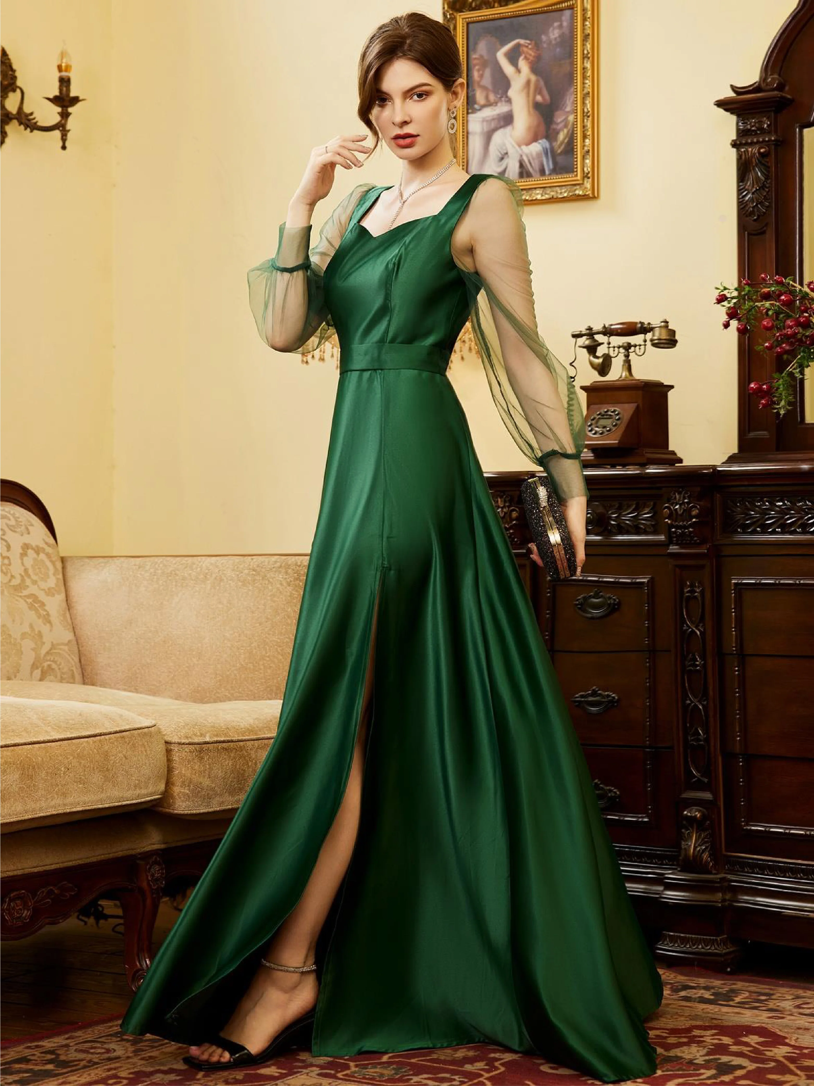 2022 Dark Green Satin V Neck Cocktail Dresses for Women High Slit Hollow Out Tulle Valentine Days Prom Gown Vestidos De Fiesta