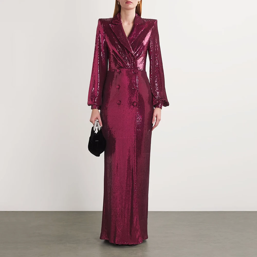

Gliter Burgundy Sequin Evening Gown Floor Length Formal Party Dress V Neck Saudi Arabia Dress Long Sleeves Prom Dress
