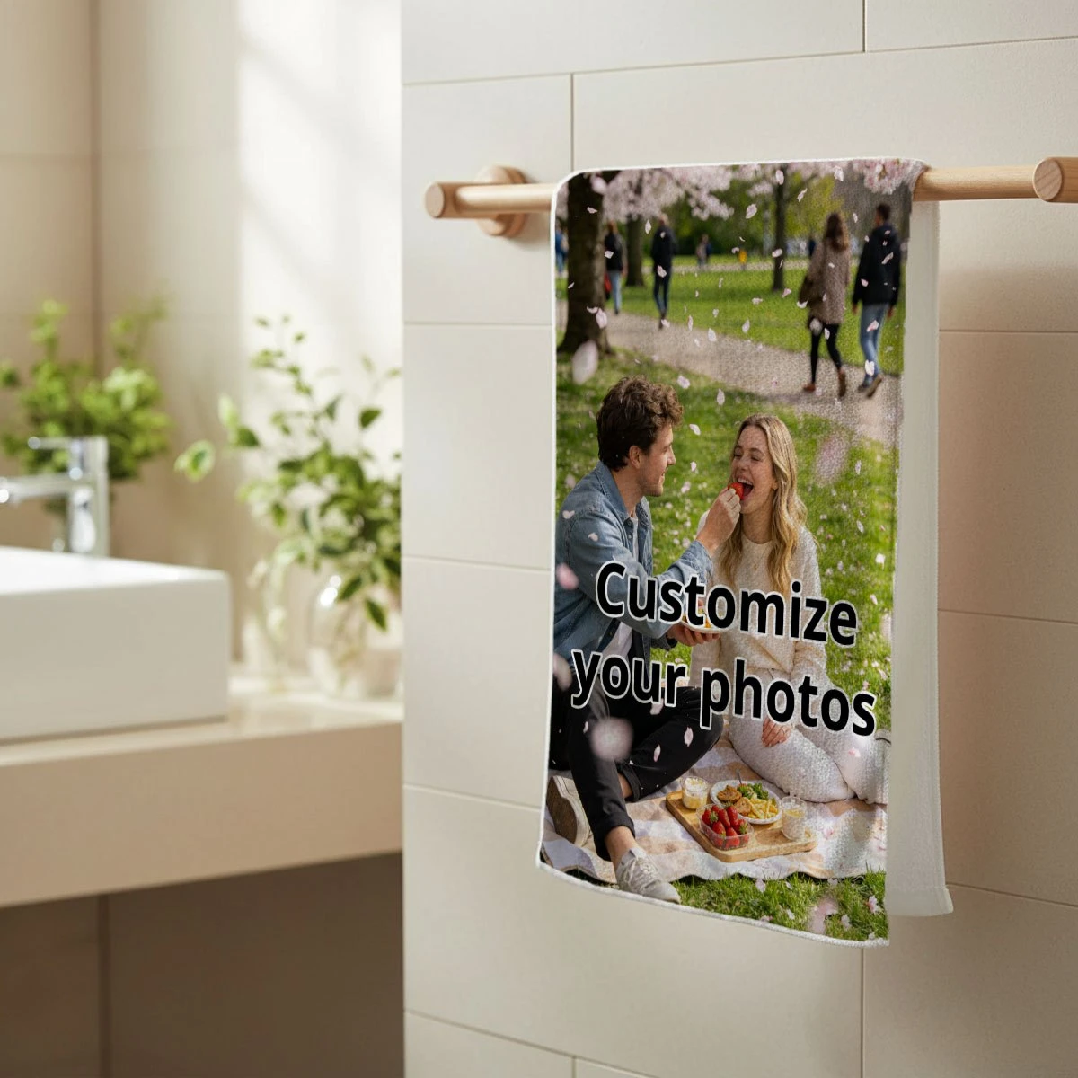 Custom towels, personalized designs, polyester material, ultra-soft, 2D flat printing, high-quality fabric, machine washable