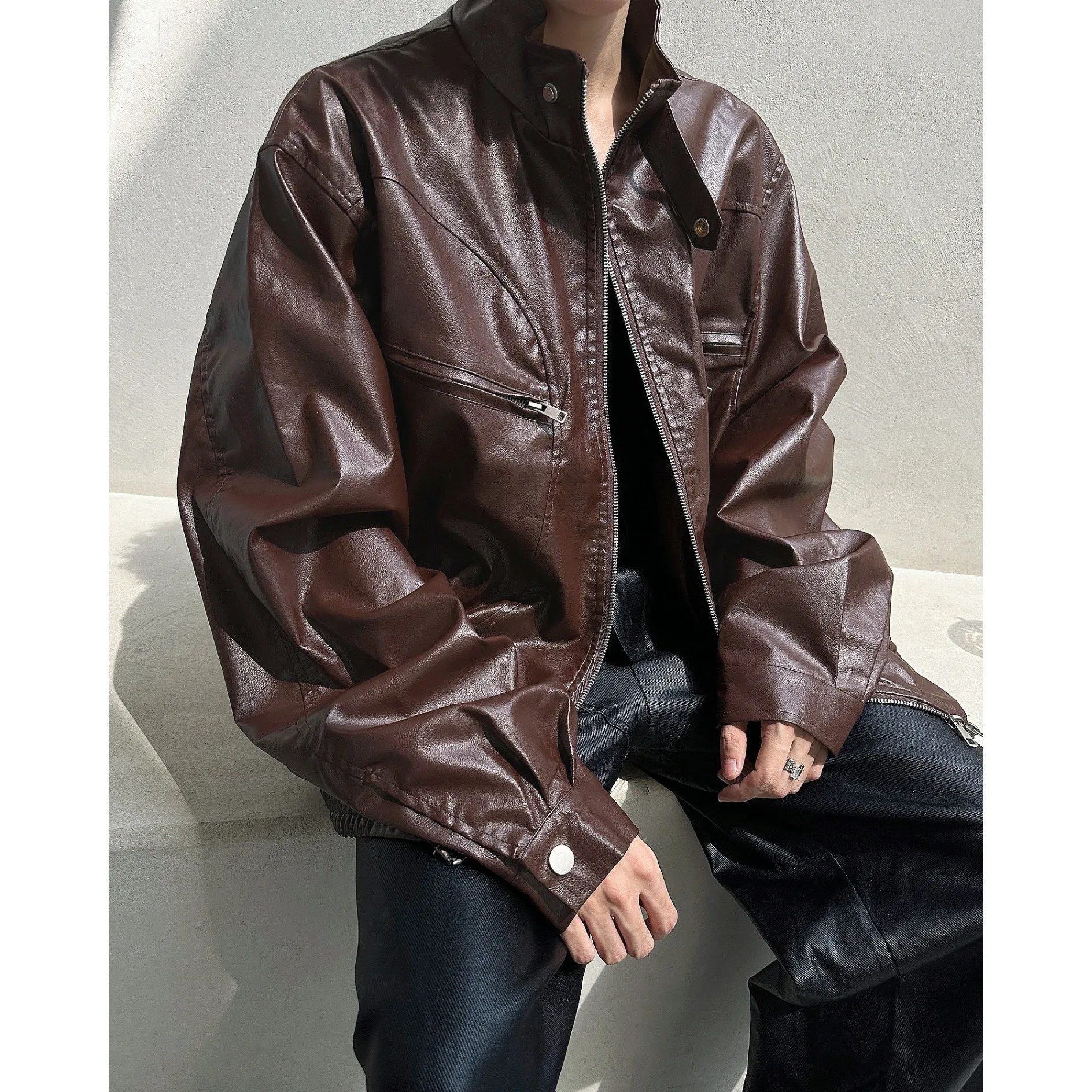 

Retro Bla PU Leather Jaet Men's Women's Loose Fit Motorcycle Sle Spring Autumn High Street Faion Youthful Energy