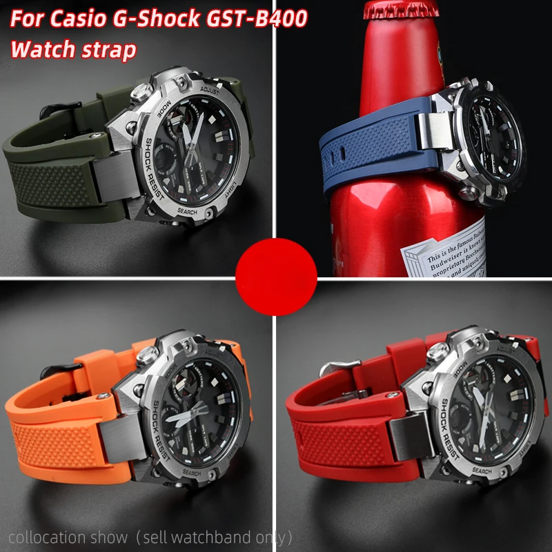 

14mm For Casio G-Shock Watch Band GST-B400 GST-W300 men's Silicone Watch Strap Stainless Steel adapter Rubber Watchband Bracelet