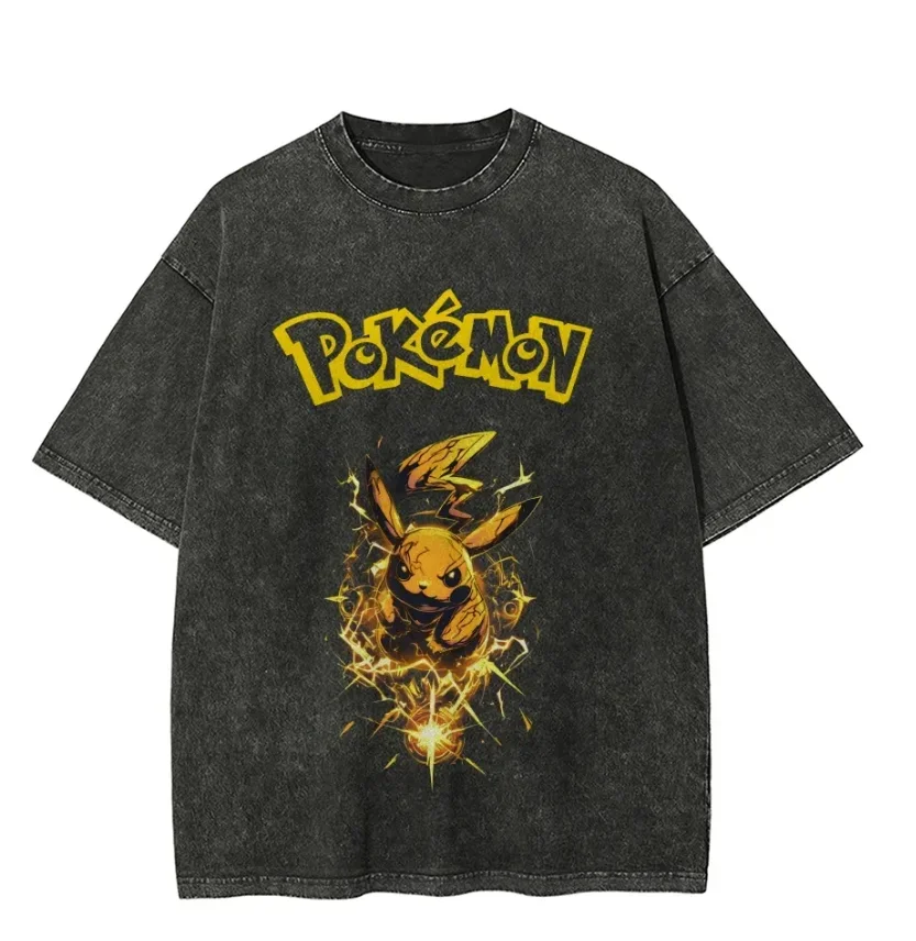 

Футболка мужская Pokemon Pikachu Thunderbolt, летняя, винтажная, с эффектом кислотной стирки, оверсайз, в стиле аниме, уличная одежда, Харадзюку, свободного кроя, хлопок, 2026