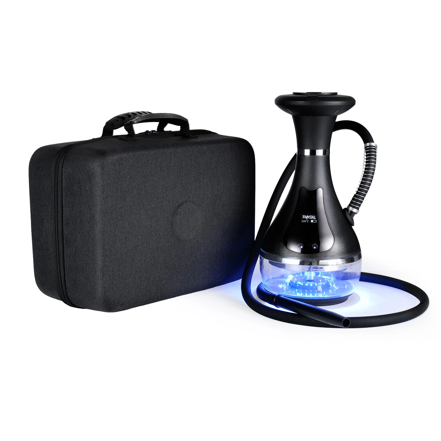 Portable Electric LED Hookah Set With Travel Case Premium Rechargeable Modern Black Shisha Hookah For Home And Outdoor Use