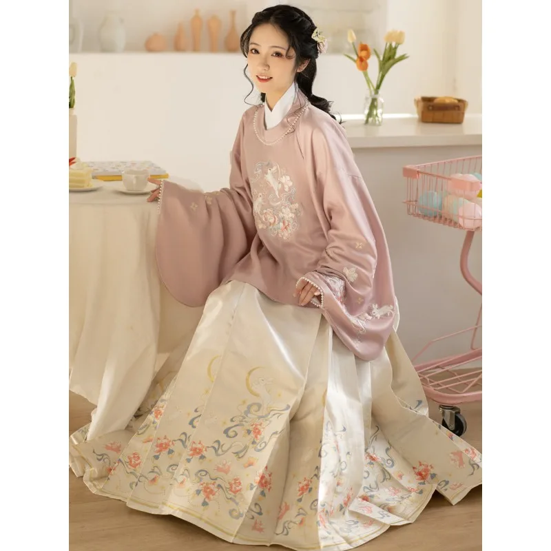 

Pink Ming Hanfu women's short jacket horse skirt set, adult daily gentle national style improvement full set