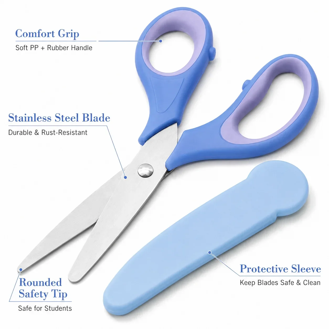 Children Safety Scissors with Protective Cover, Stainless Steel Blunt Tip Scissors, Craft Scissors with Decorative Cutting Edge