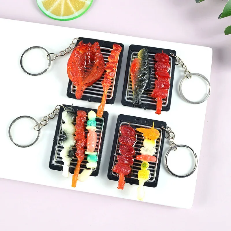 Simulation Barbecue Keychain Teppanyaki Food Toy Model Pendant Car Key Rings Hotel Giveaway Gift Fun Jewelry Gift Random Style