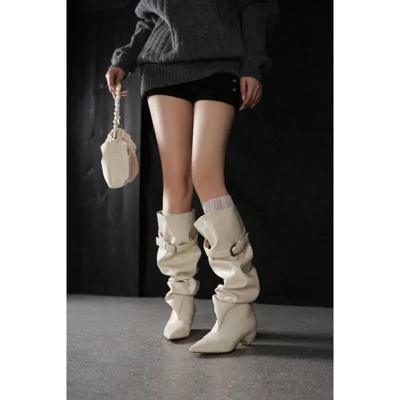 Women Genuine Sheepskin Slouch Mid Calf Boots Pointed Block Heel Buckle Strap Fold Over Black Off White Single Fleece LinedF59 view 2