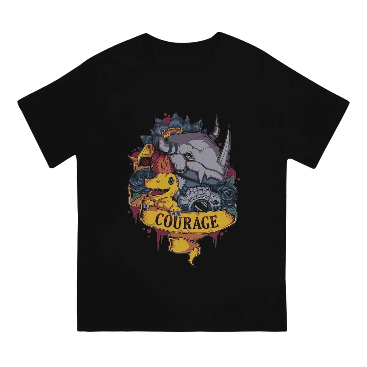 Digital Monster Courage Tattoo Style Tshirt Graphic Men Tops Vintage Punk Summer Polyester Clothing Harajuku T Shirt