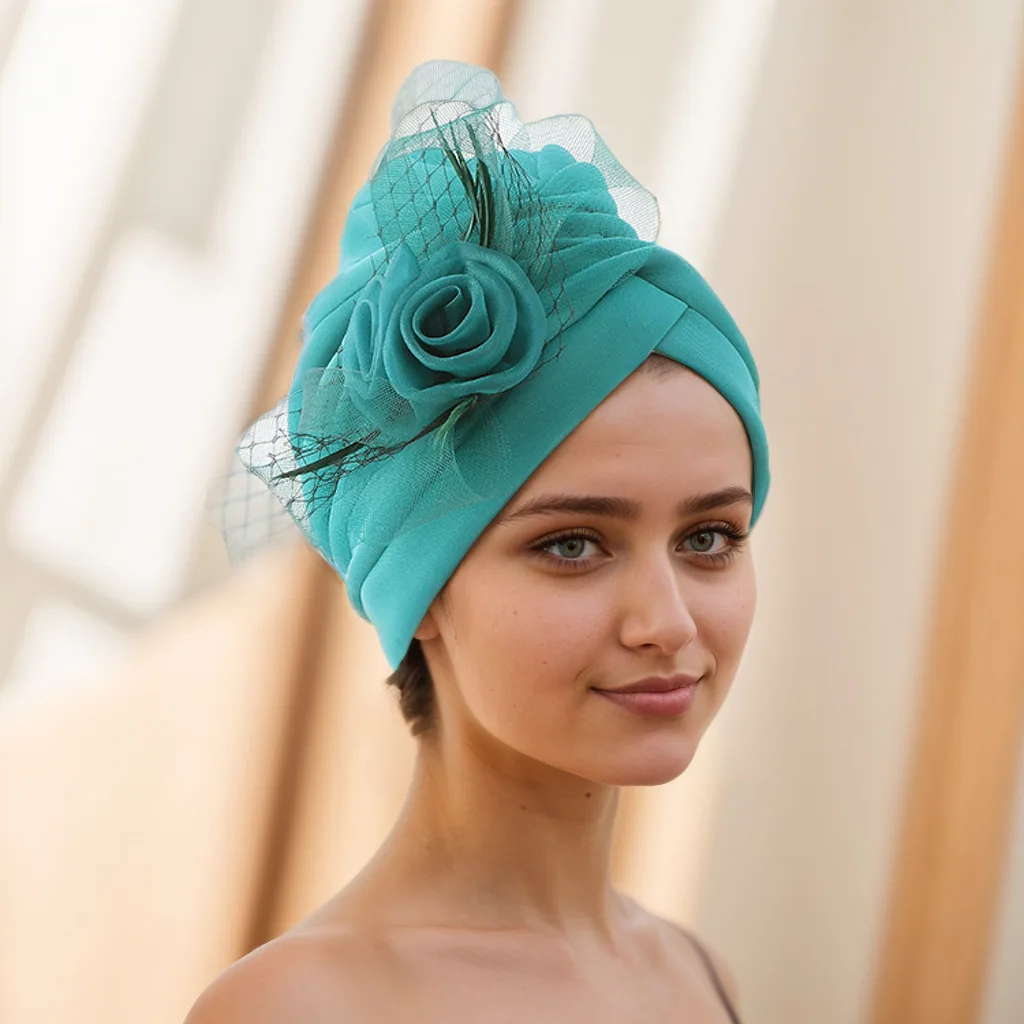 2024 Lastest Feather Flower Turban Bonnet for Women Muslim Headscarf Caps Wedding Party Headwear Turbante Mujer African Headtie