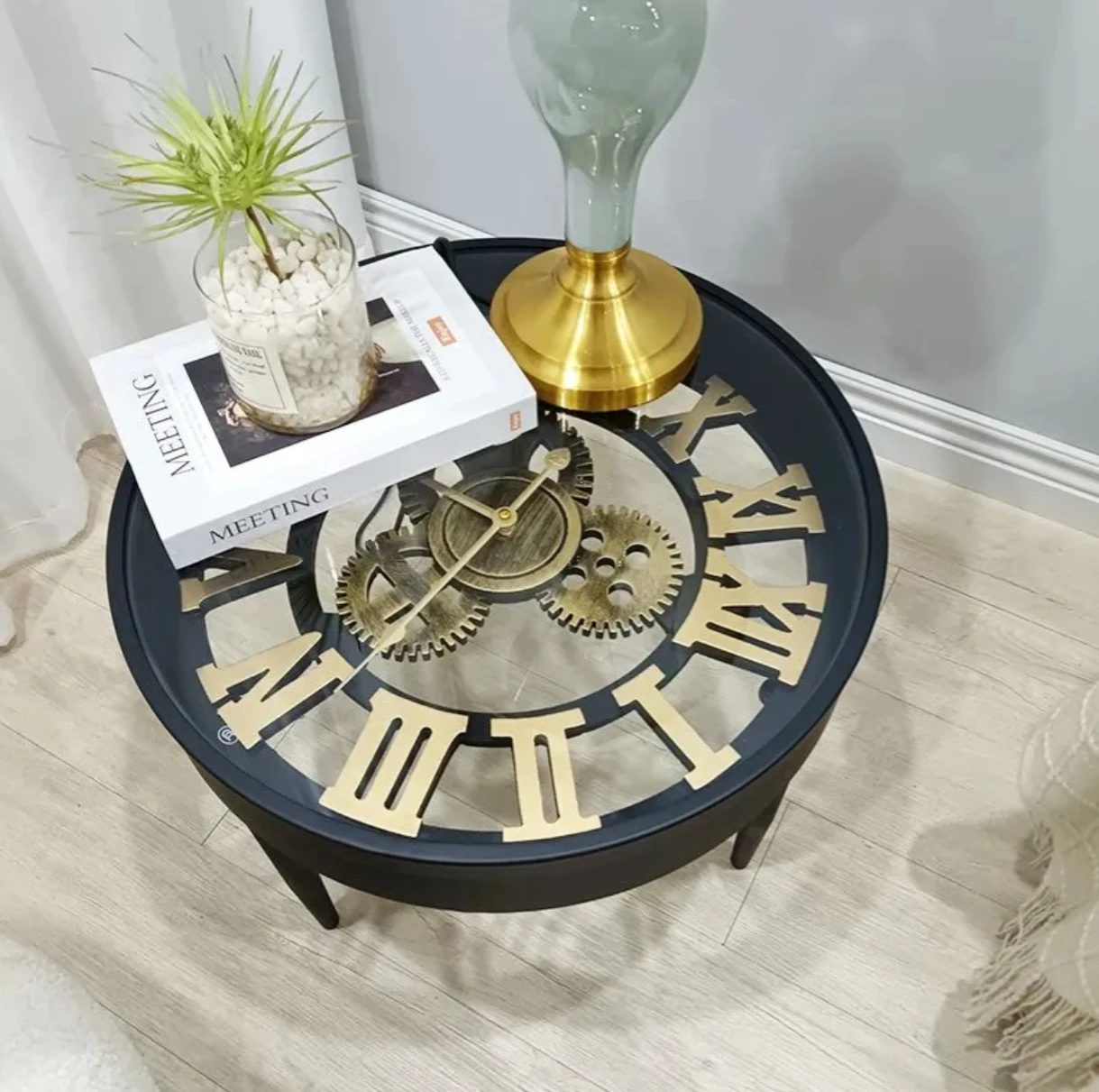 

G# Retro High-end Nordic Living Room Central Coffee Table American Hotel Side Table High-end Glass Clock Art Coffee Table