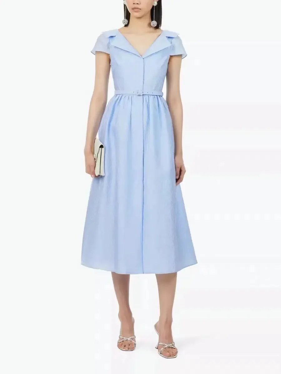 

Fashionable Spring/Summer Blue Jacquard Embroidery with Belt Style Waist Closing Dress