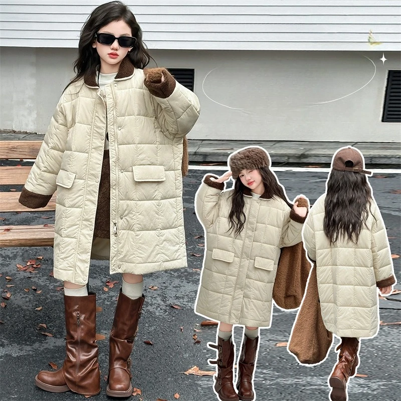 

winter teen girls color blocked lapel Thick cotton jcaket junior kids long Plush collar outerwear child Parkas coat overwear 6-8
