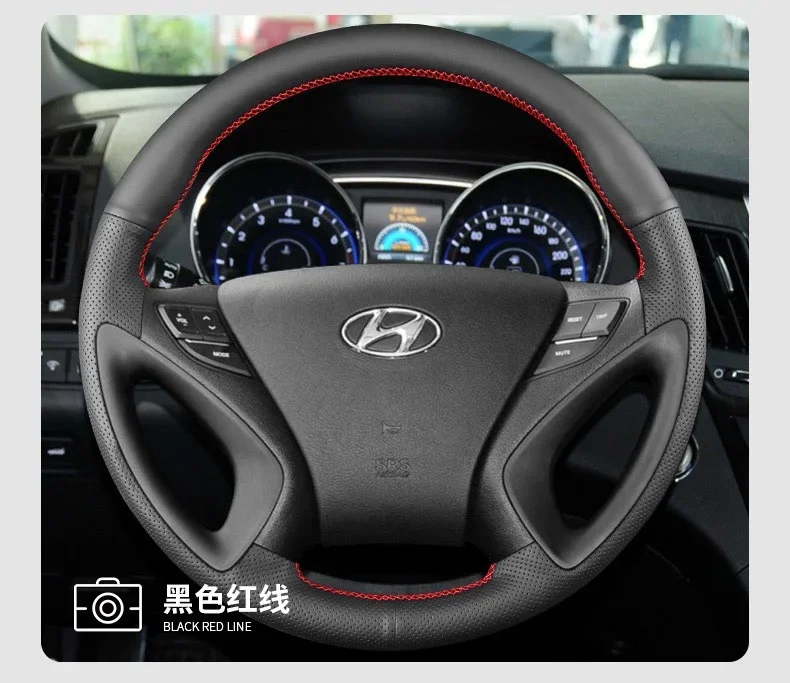 For Hyundai Sonata 8TH 2011-15 Black Leather DIY Hand Sewn Steering Wheel Cover Interior Handle Cover