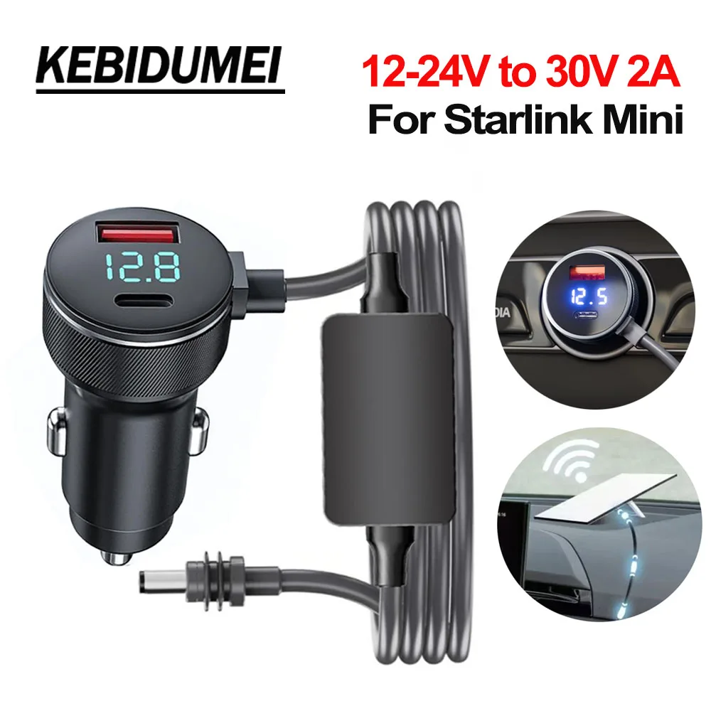Waterproof Starlink Mini Power Adapter 12V-24V to 30V 2A Step Up Converter,QC3.0+PD Type C Phone Charger with Digital Voltmeter