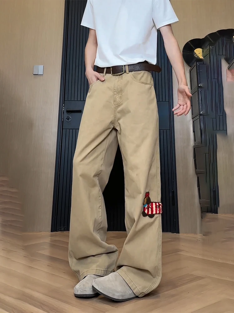 

Khaki Sausage Dog Embroidered Wide Leg Casual Pants Men's Vintage Straight Leg Jeans Spring Season Low Waist Zipper Fly Jeans