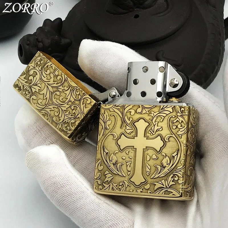 ZORRO Cross-grain Brass Kerosine Lighter, Exquisitely Carved Retro Flip-top Ignition, Personalized Holiday Gift for Men