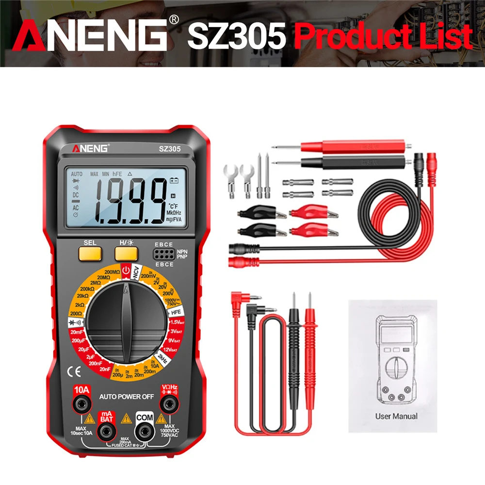 ANENG SZ305 Digitale Multimeter Professionele AC/DC Spanning Ampèremeter Condensator hFE Triode NCV Spanning Inductie Elektricien Tester