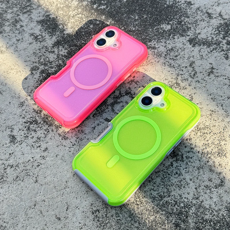 Trendy Glitter MagSafe Case For iPhone 16 pro max 15 Pro 14 13 12 Fluorescent Green Translucent Wireless Charging Hard PC Cover