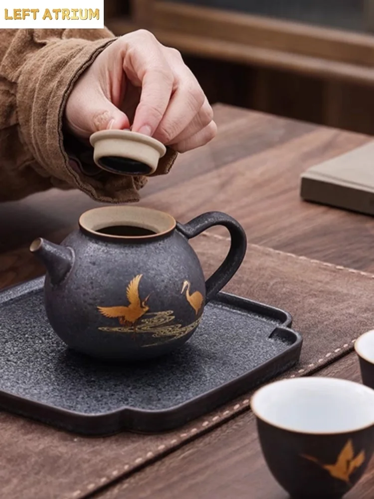 Crane Retro Japanese Style Teapot Vintage Ceramic Kung Fu Tea Little Pot of Dan Hu Pu'er Tea Tea Kettle Teaware