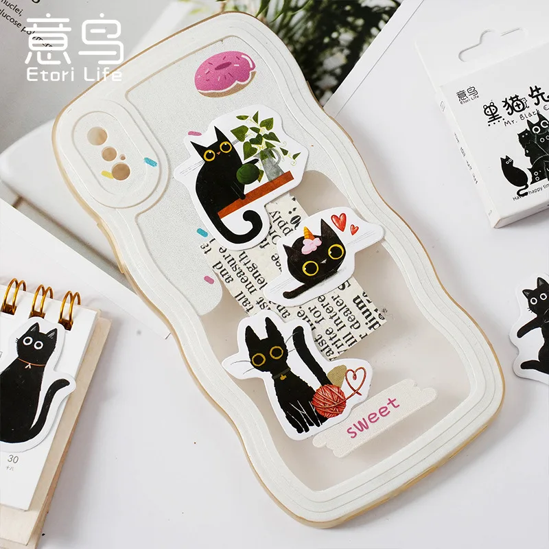 46pcs/Box Kawaii Black Cat Stickers Items Decoration DIY Handbook Stickers Scrapbooking Boxed Cute Stickers Korean Stationery