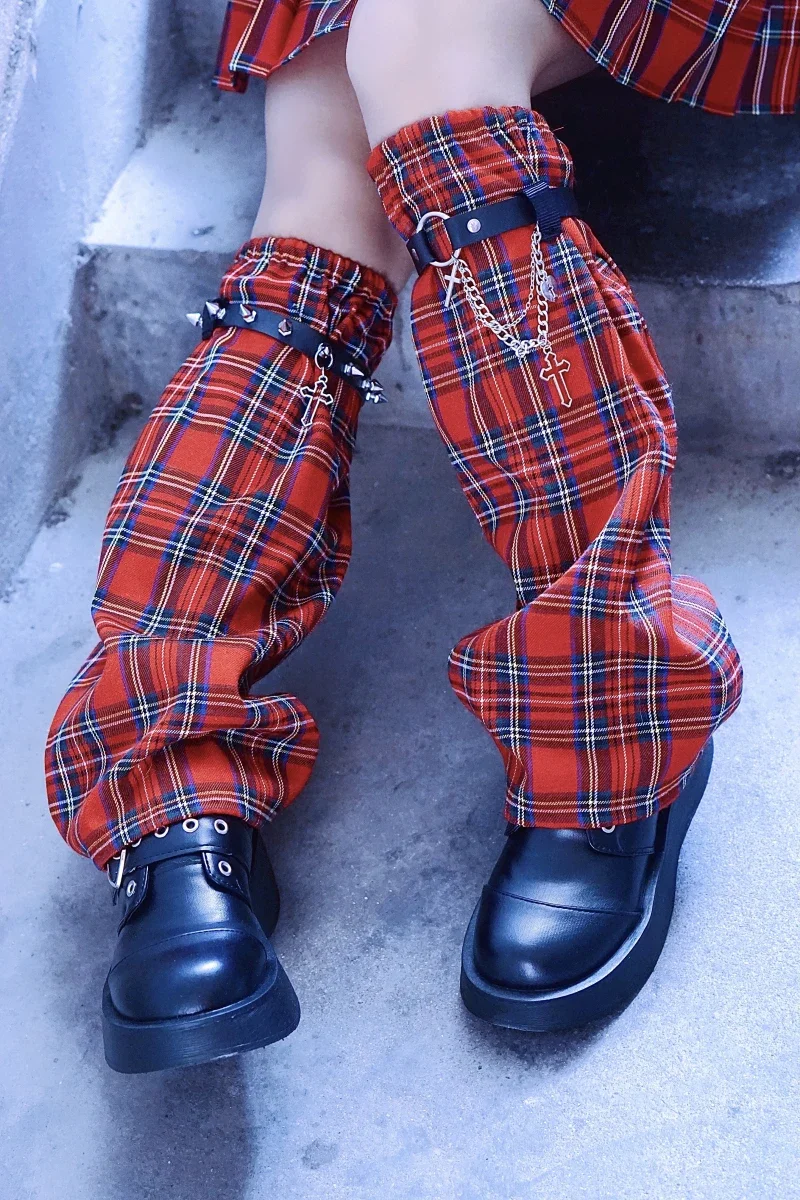 Ruibbit Leg Warmers Harajuku Black Red Plaid Rivet Metal Sweet Cool Pile Sock Leg Cover Cross Chain Y2K