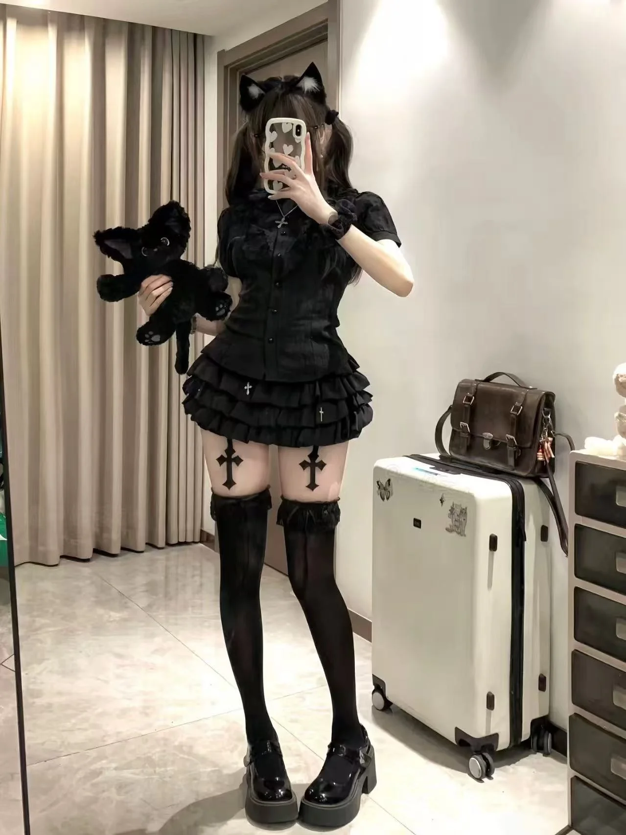 Conjunto de Csa de Manga Curta Estilo Gótico loween para Meninas Picantes com Saia Puff em Aodão Respirável