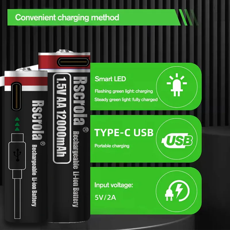 قدرة عالية 1.5 فولت AA 12000 مللي أمبير/AAA 8000 مللي أمبير بطارية ليثيوم قابلة للشحن نوع-C شحن سريع للتحكم عن بعد لعبة ماوس RC
