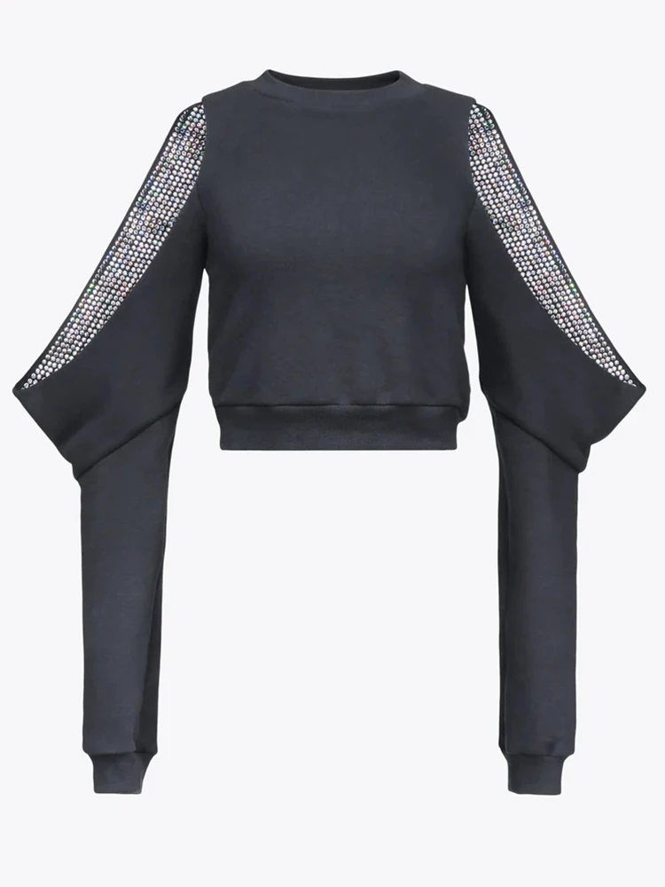 VGH Patchwork Diamonds Solid Casual Short Sweatshirts For Women Round Neck Long Sleeve Hollow Out Pullover Sweatshirt Female New