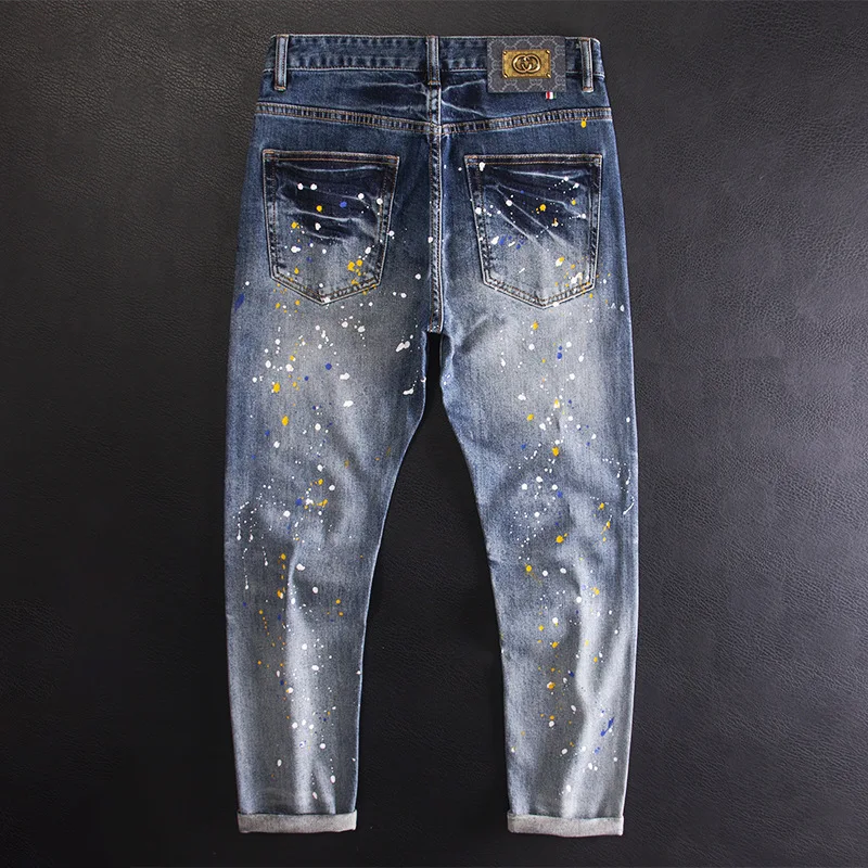 

Spray Paint Ink Splatter Patch Ripped Jeans Men Slim Fit Small Straight Elastic Personality Fashion Trend High-end Denim Pants