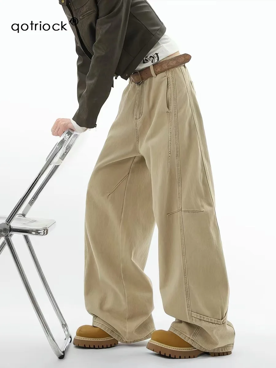 

American Sle Khaki Deconstructed Denim Jeans Women's Spring 2026 New Retro High Street Workwear Casual Wide Leg Pants