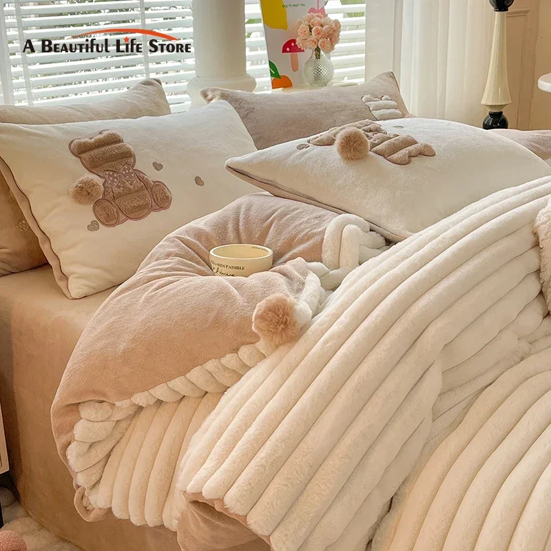

Luxury Rabbit Velvet Bedding Set Single Queen King Size Thickened Warm Short Plush Duvet Cover Bed Sheet Cute Rabbit Pillowcases