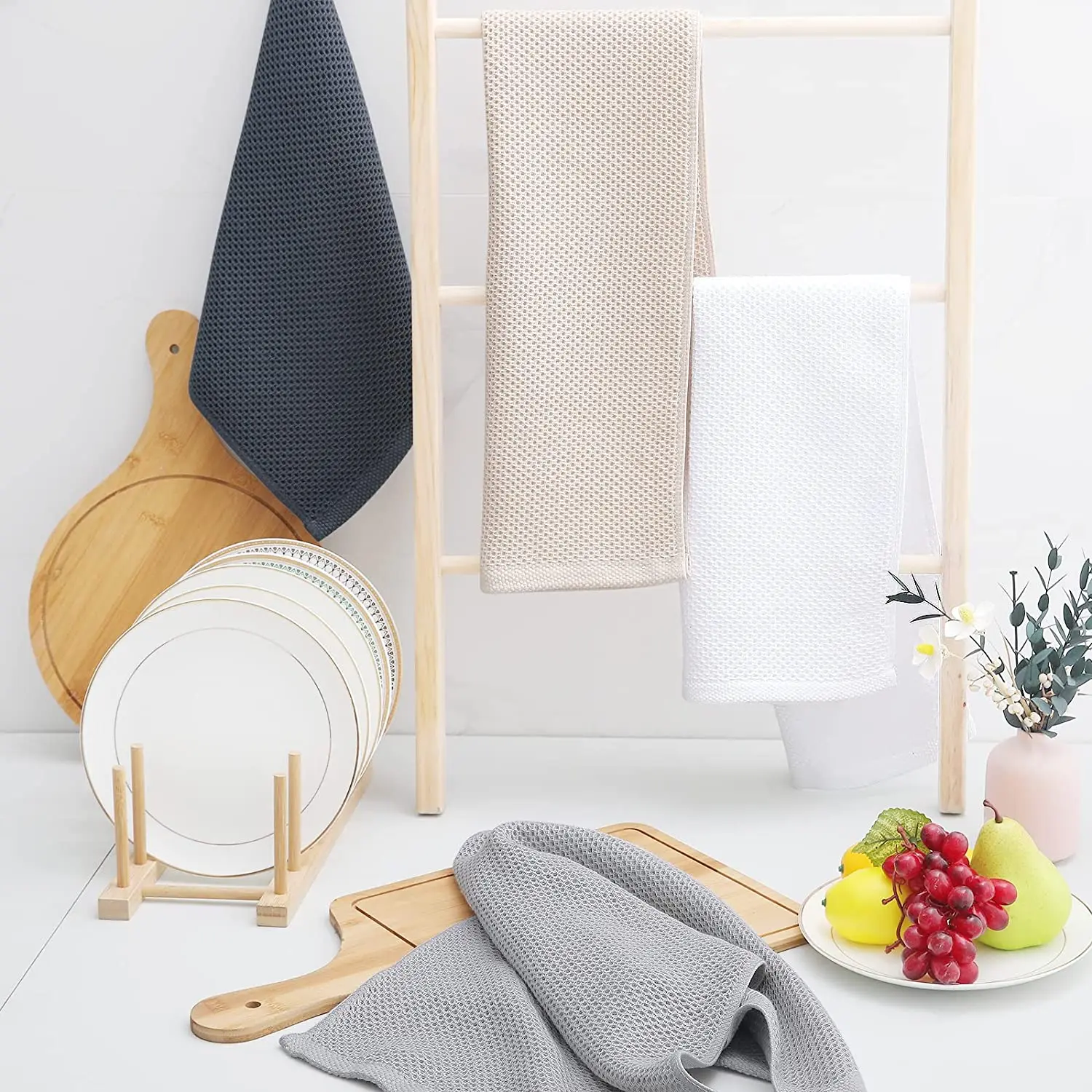 1/6-teiliges, heiß verkauftes quadratisches Küchenhandtuch-Set aus reiner Baumwolle mit Wabenstruktur, leicht zu reinigen, mit Haken, Waffel, 30 x 30 cm – Detail 5