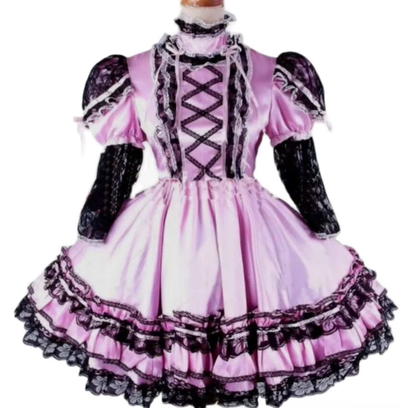 

Pink Effeminate Satin Patchwork with Black Lacefluffy Shoulders Lace Stitching on Chest Interlocking Effeminate Dress