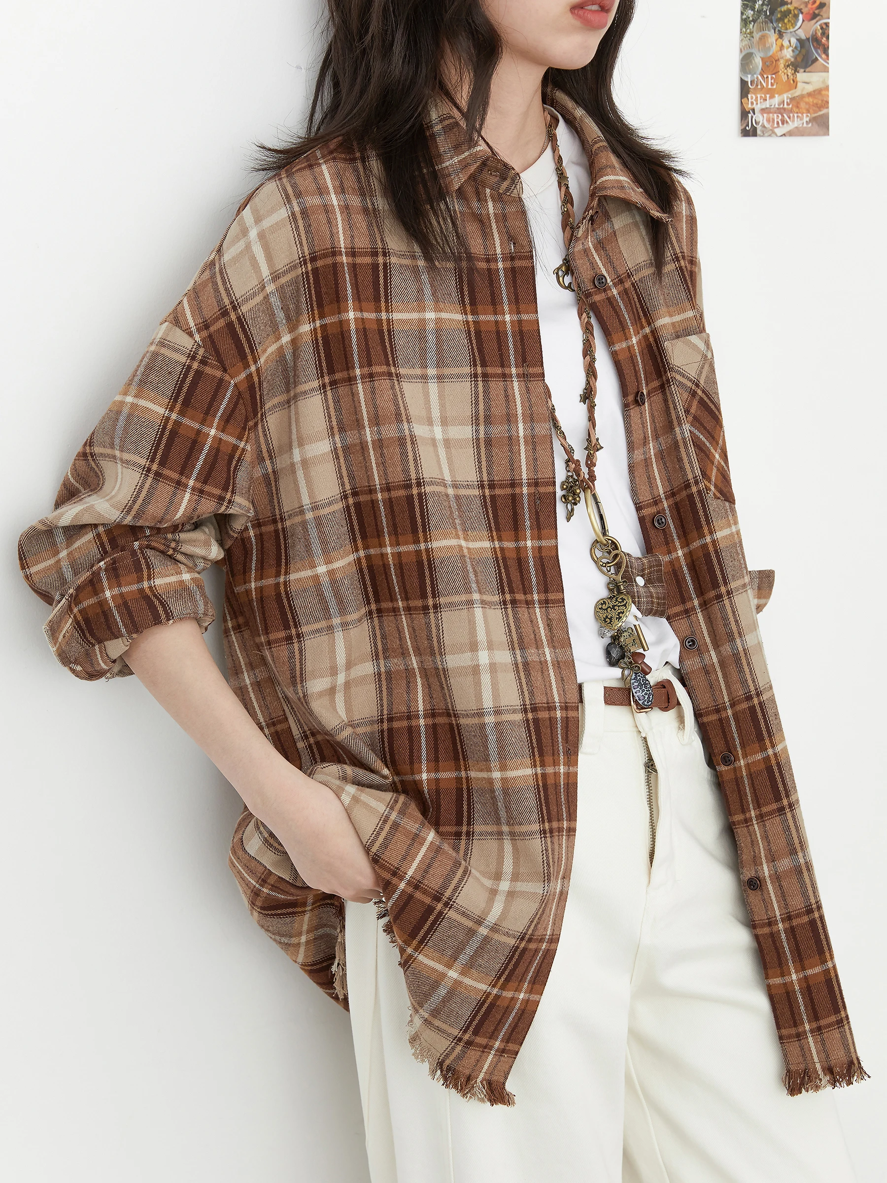 

Повседневная верхняя одежда в клетку в стиле ретро, свободная посадка с воротником irt, женская зимняя коллекция Chicven, дышащая хлопковая смесь