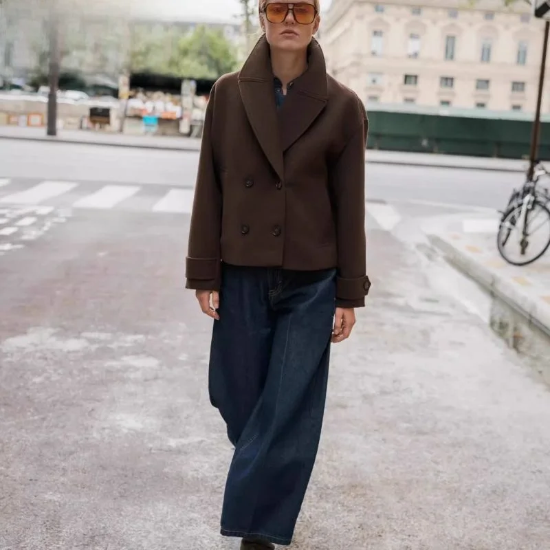 

Fall New Arrival Women's ort Double-Breasted Long Sve Woolen Coat Navy Collar Faionable Korean Sle Loose Fit Coat