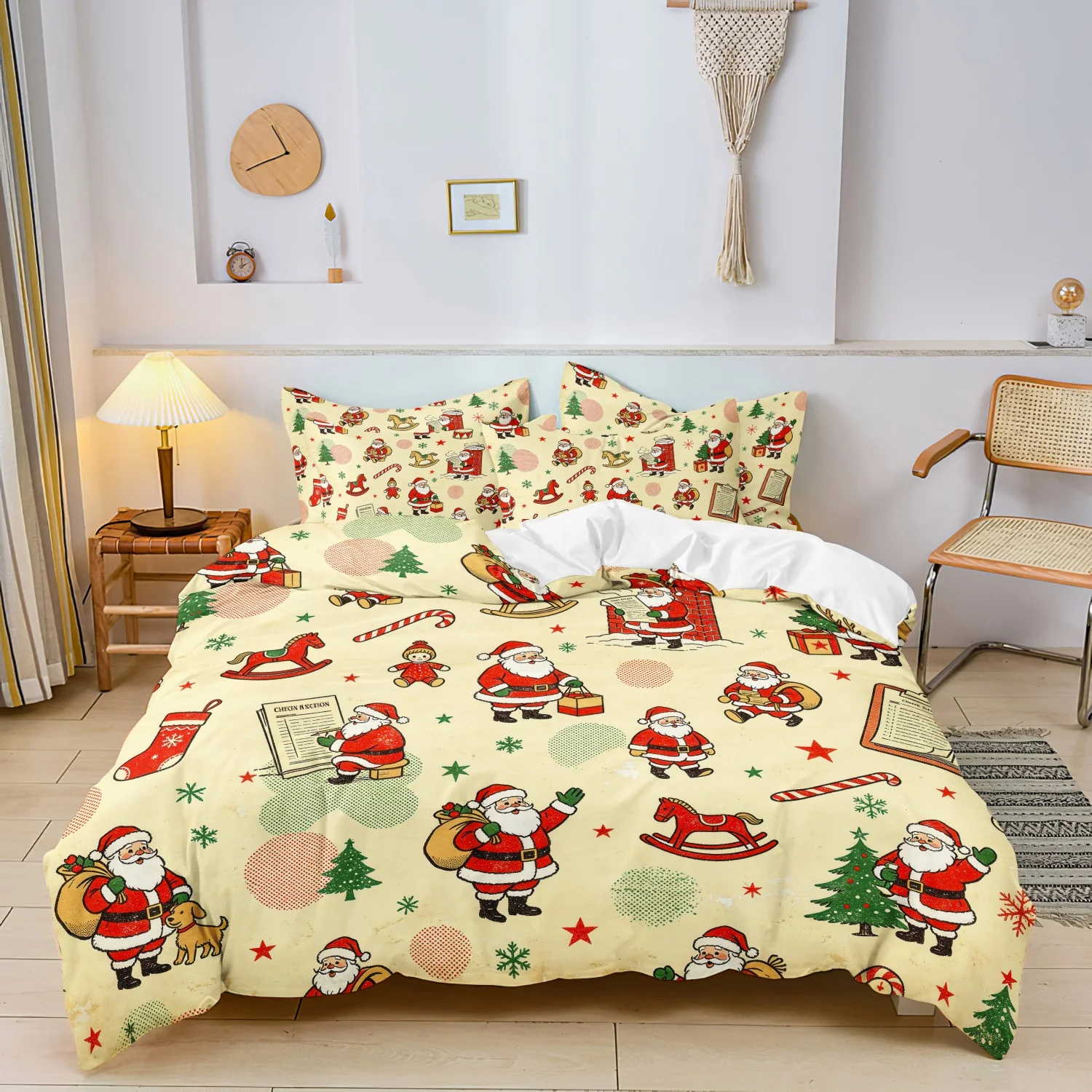 3Pcs Christmas Duvet Cover Set, Santa Claus Rocking Horse Xmas Tree Print Bedding, For Family Bedrooms Dormitories Hotels