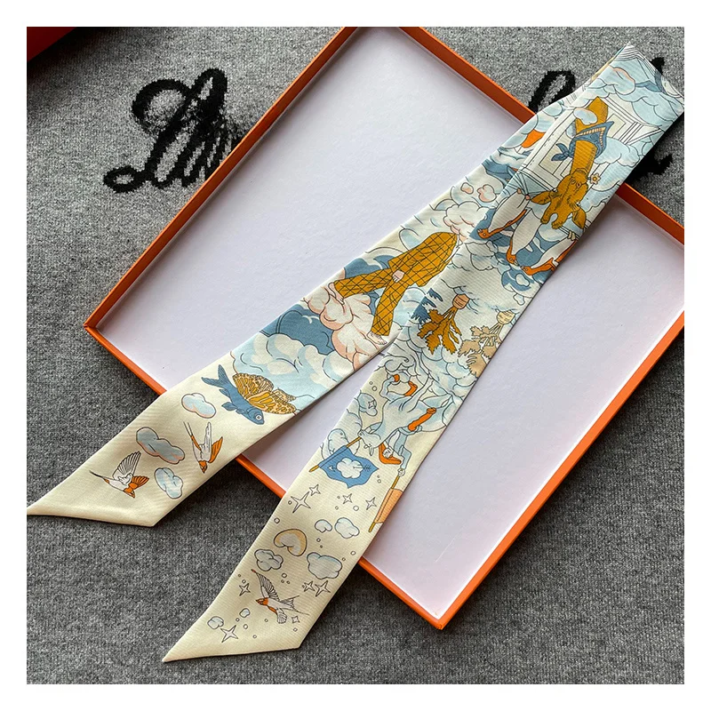 Luxury 100% Mulberry Silk Scarf 5*86cm Scarf Female Multifunctional Headband New Small Scarf Handbag Ribbon High-end Souvenir