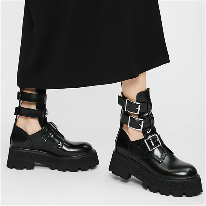 2023 kobiet z wyciętymi paskami buty na platformie płaskie buty wiosenno-jesienne gladiatorki botki Knight Bootie Summer Mujer Creepers