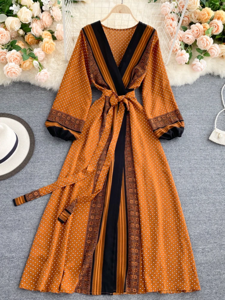 

Women Vintage Print Lace Up High Waist Slim V-neck Bubble Sleeves Long Dress Spring Autumn Loose Party Vacation A-line Robe