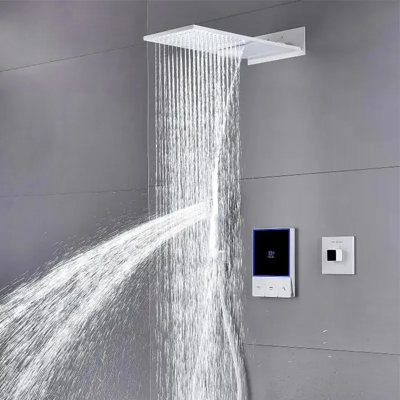 Smart White Rainfall Waterfall Shower Head Digital Temperature LED Display Bathroom Shower System Set