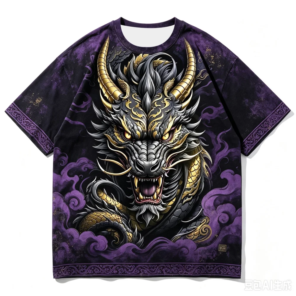 2026 Breathable Quick‑Dry 3D Printed Purple‑Gold Dragon Cloud Graphic Short‑Sleeve Streetwear T‑Shirt A Family Set