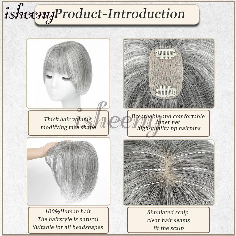 Isheeny Echthaar-Topper-Extensions, Mittelteil mit Pony, glatte Haarteile, glattes Mischen, 5 x 9 cm Basisnetz