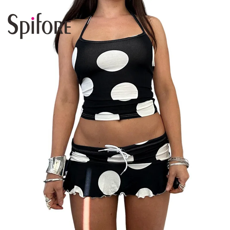 

Spifore Fashion Polka Dot Printed Women Two Piece Set Sexy Backless Halter Crop Top Mini Skirt Nightclub Party Matching Suits