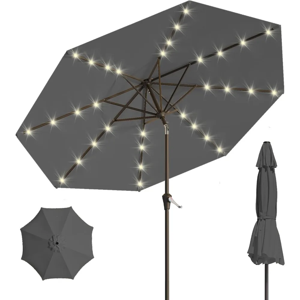 

9FT Solar Umbrella 32 LED Lighted Patio Umbrella Table Market Umbrella w/Tilt and Crank, UV-Resistant Outdoor Umbrella for Pool,